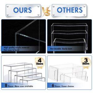 Aheroi Large Acrylic Risers, 8 Pcs 2 Set Acrylic Display Set Rectangular Stands Shelf Clear Display Risers for Decor, Cake and Funko Pop Shelves Retail Shoe Showcase(1-3-4-5IN)