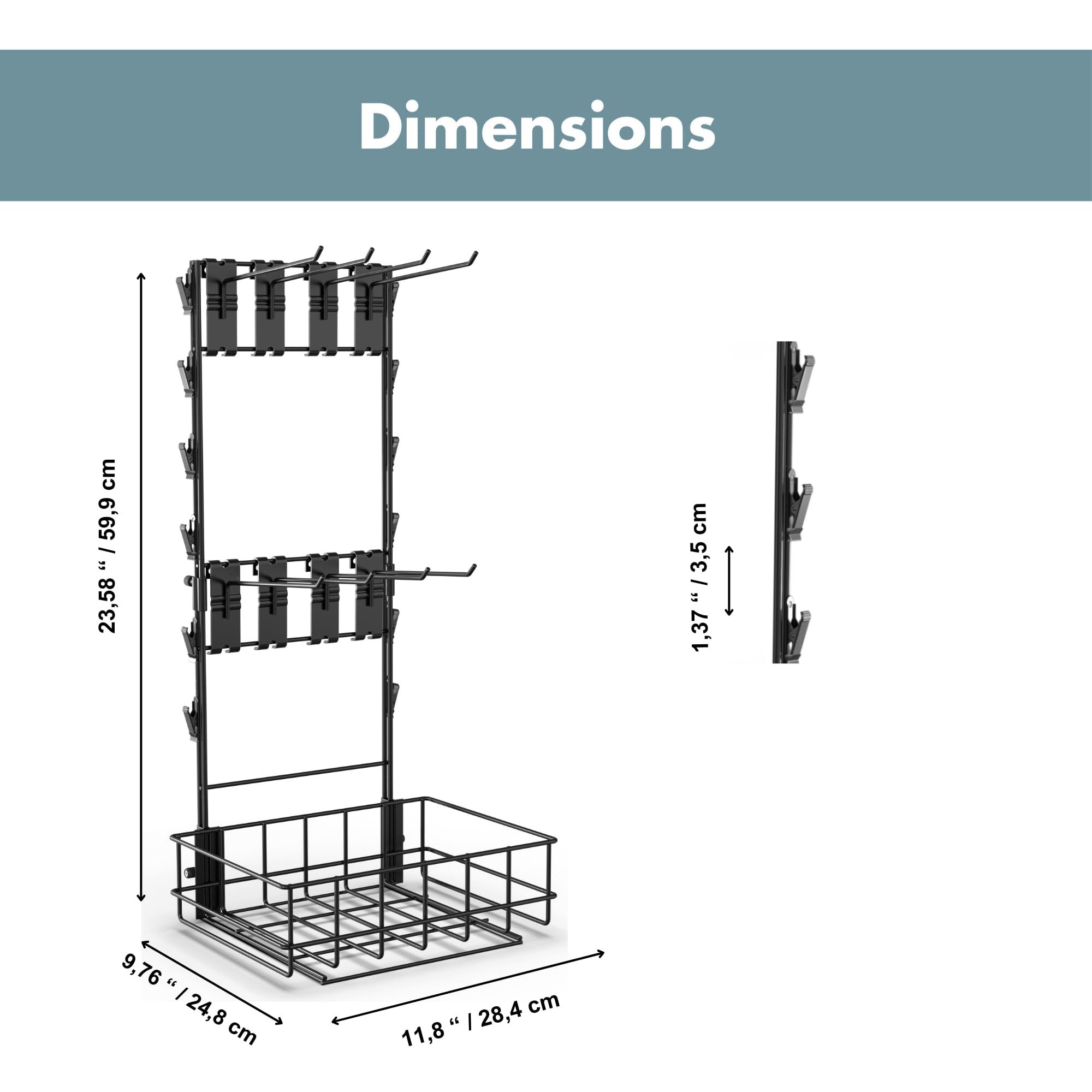 DS THE DISPLAY STORE Retail Display Rack, 12 Clips & 8 Removable Peg Hooks, Matte Black Countertop Snack Organizer for Retail Store Supplies, Candy Merchandise Stand