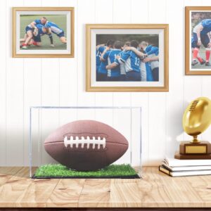 Upgraded Assemblable Acrylic Football Display Case- Clear Football Storage Box Grandstand Football Showcase with Artificial Grass Pad & Black Base & Oval Ball Holder for Sport Lover Football Display