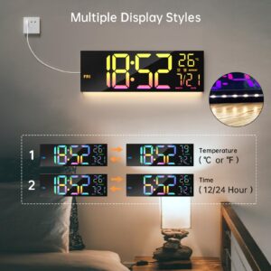 Digital Wall Clock Large Display, 16.2" Digital Wall Clock with RGB Color Changing Remote Control, Automatic Brightness Dimmer with Night Lights, Auto DST, Date Week,Temperature