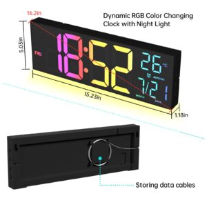 Digital Wall Clock Large Display, 16.2" Digital Wall Clock with RGB Color Changing Remote Control, Automatic Brightness Dimmer with Night Lights, Auto DST, Date Week,Temperature