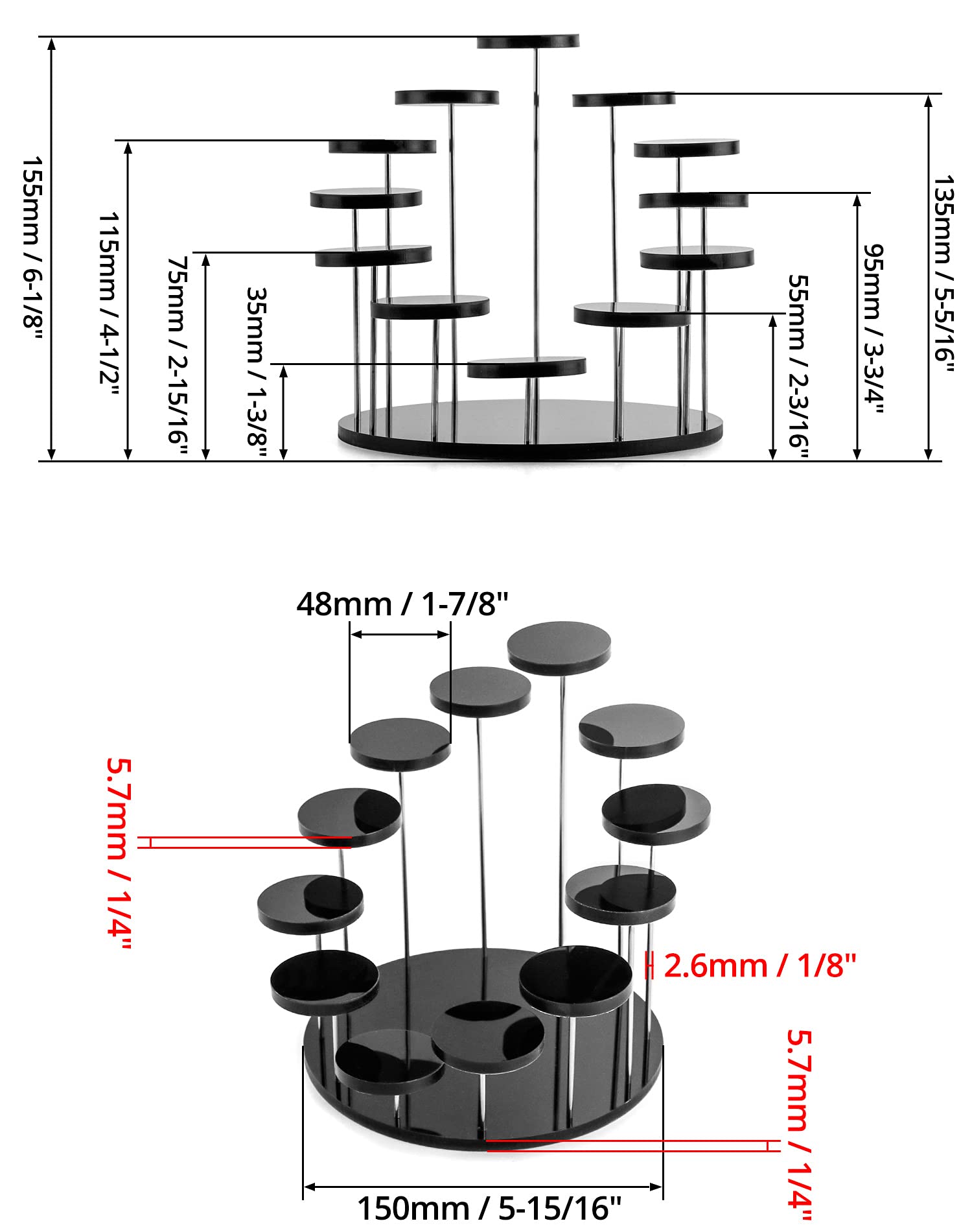 QWORK Round Acrylic Products Display Riser Stands, 12 Tier Jewelry Display Stands for Rings Earrings,Mini Figurines, Black