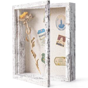 califortree 8x10 shadow box frame with linen back - real glass, push pins included, sturdy rustic memory display case, distressed white