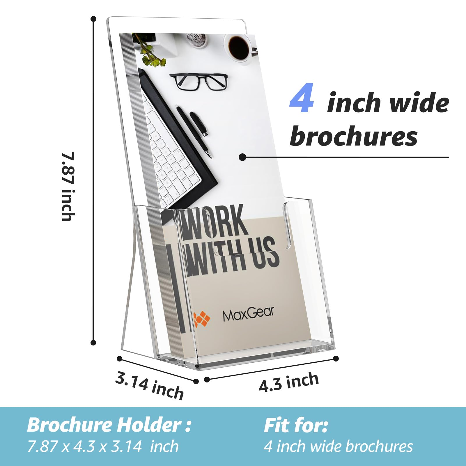 MaxGear Acrylic Brochure Holder 4 inch, Plastic Brochure Holders Clear Countertop Acrylic Literature Holder Flyer Trifold Holder Plastic Display Stand For Pamphlet, Booklet, Magazine, Menu, 2 Pack