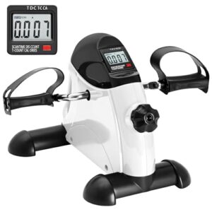 mini exercise bike, agm under desk bike pedal exerciser foot cycle arm & leg peddler exerciser machine with lcd screen displays (white)