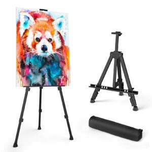 art painting display easel stand - portable adjustable aluminum metal tripod artist easel with bag, height from 17" to 66", extra sturdy for table-top/floor painting, drawing, and displaying, black