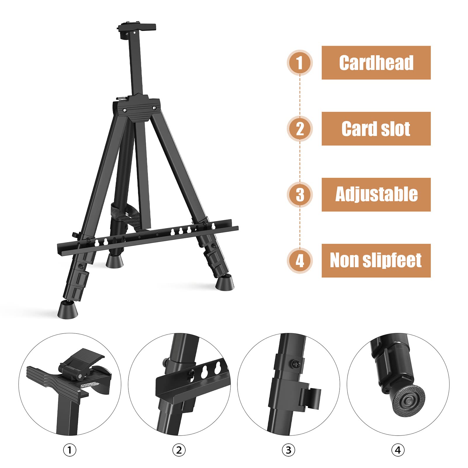 Art Painting Display Easel Stand - Portable Adjustable Aluminum Metal Tripod Artist Easel with Bag, Height from 17" to 66", Extra Sturdy for Table-Top/Floor Painting, Drawing, and Displaying, Black