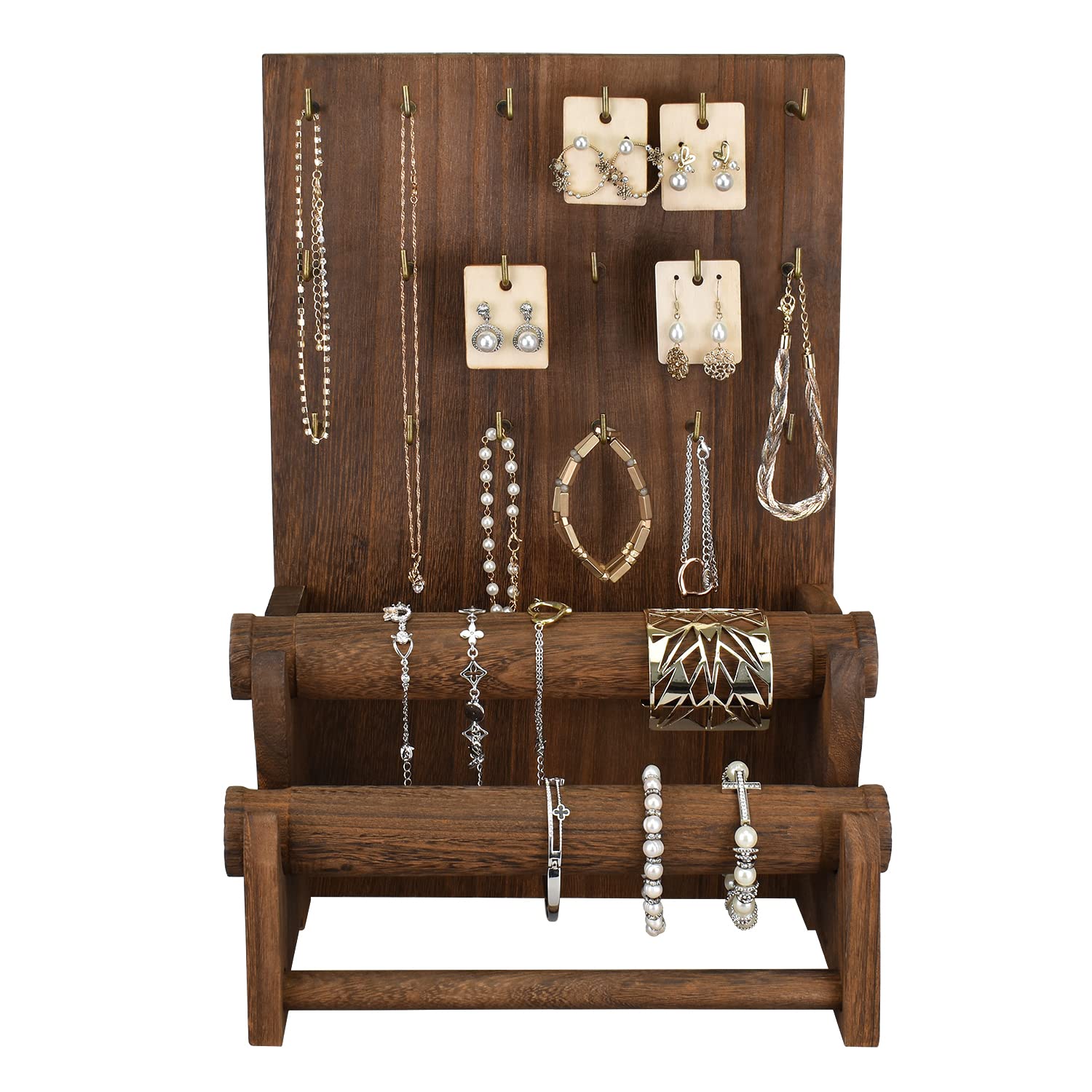 Ikee Design Wood Jewelry Holder Organizer Stand, Earring Bracelet Jewelry Display Stands, Jewelry Organizer with 18 Hooks and Removable Holders, Necklace Organizer, Bracelet Holder, Brown Color