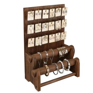 Ikee Design Wood Jewelry Holder Organizer Stand, Earring Bracelet Jewelry Display Stands, Jewelry Organizer with 18 Hooks and Removable Holders, Necklace Organizer, Bracelet Holder, Brown Color