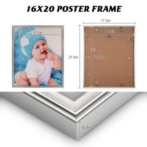 16x20 Poster Frame, Silver Poster Frame 20 x 16, Gallery Aluminum Frame with Plexiglass, Horizontal and Vertical Display for Artwork, 16 by 20 Frame Set for Wedding Portrait Movice Art Gift 3Pack