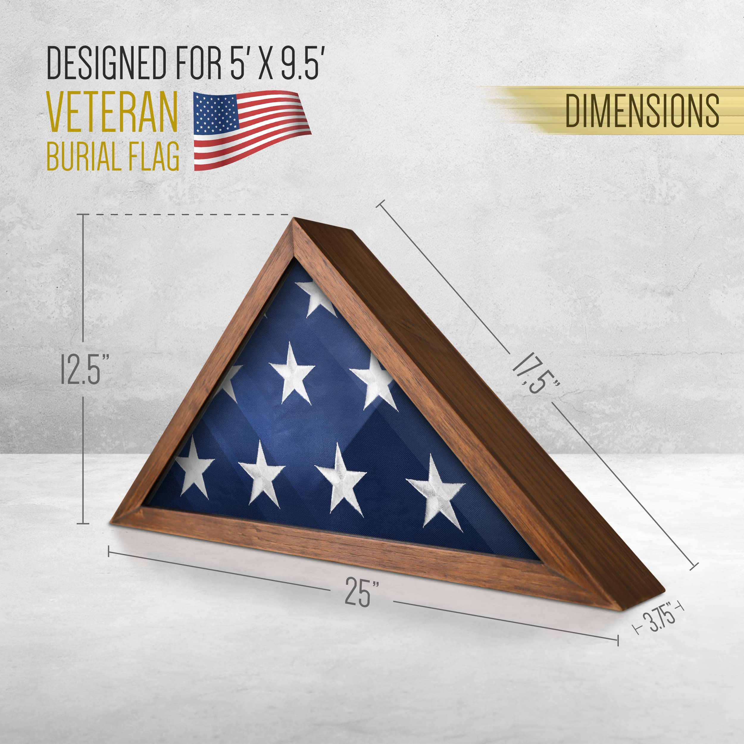 HBCY Creations Flag Display Case for 5' x 9.5' American Veteran Burial Solid Wood Rustic Brown Frame with Glass Front Wall Mount or Standing Display, Box