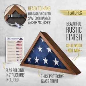 HBCY Creations Flag Display Case for 5' x 9.5' American Veteran Burial Solid Wood Rustic Brown Frame with Glass Front Wall Mount or Standing Display, Box