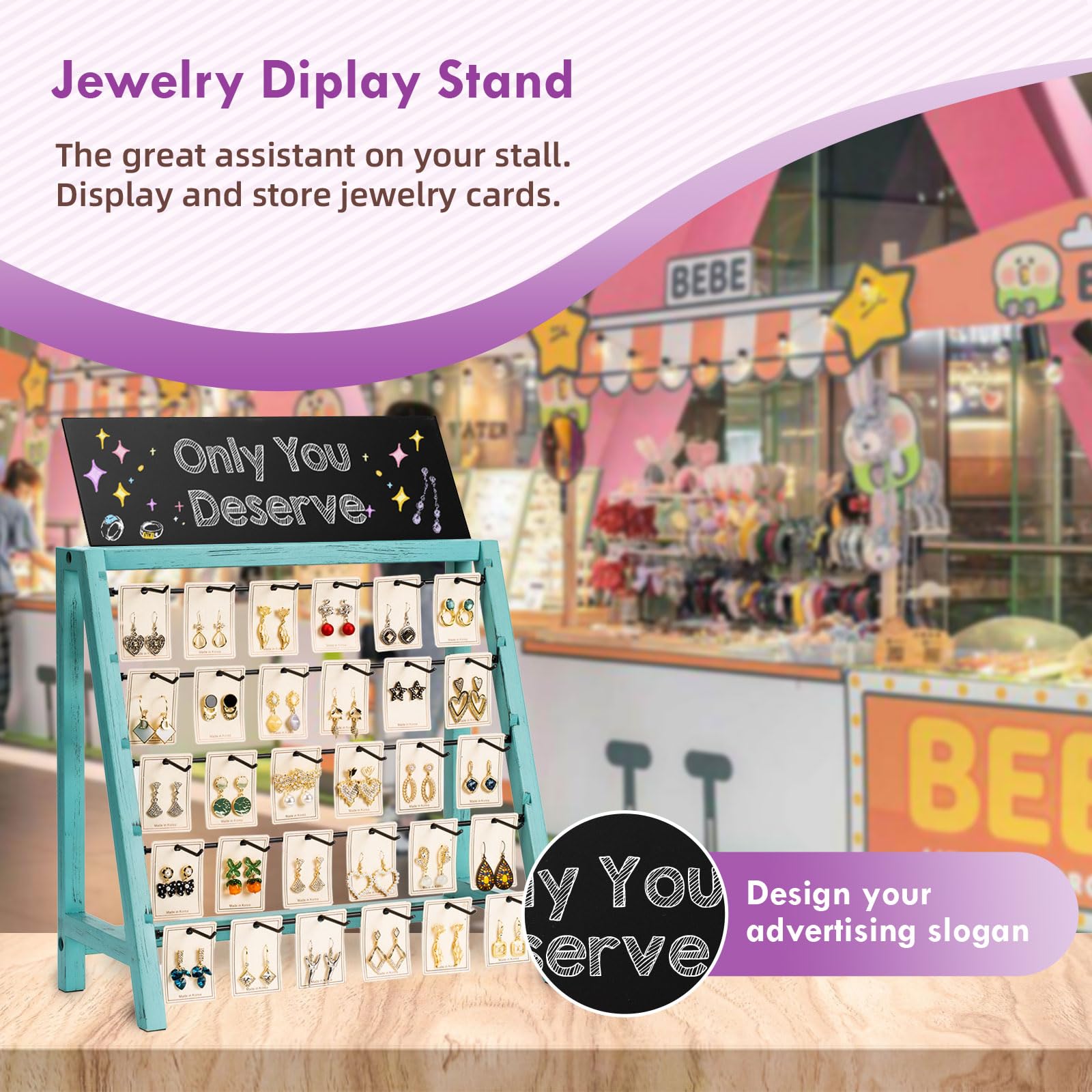 Poyilooo Earring Display Stands for Selling, Real Wood Jewelry Display for Selling Vendors with Adversitsing Board, Large Capacity Earring Cards for Selling Rack Holder for Earring Cards