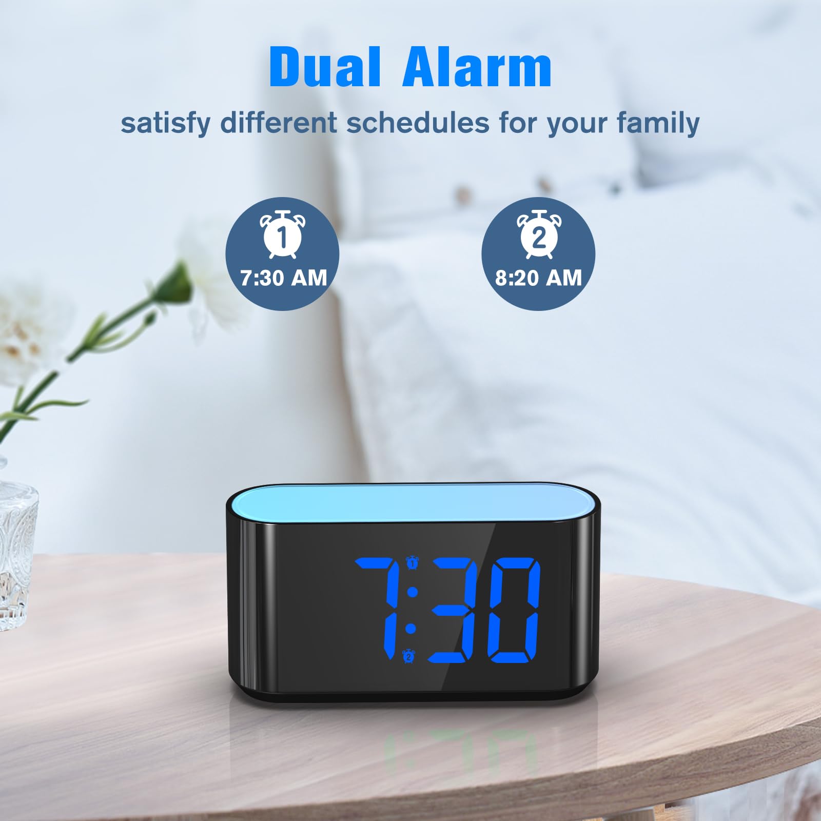 HOUSBAY Digital Alarm Clock for Bedrooms - Large Display Easy to Read Across The Room, 7 Larger Color Night Light, Dual Alarm, Dimmer, True Battery Backup, Adjustable Volume（Blue）