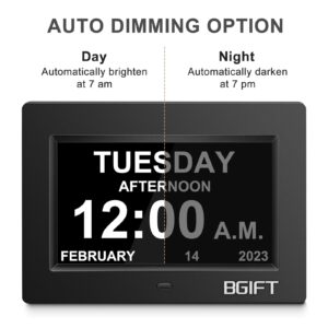 Bgift Digtal Clock with Day and Date for Seniors, Large LCD Time Display, Auto Dimmable, 12 Alarm Settings - Best Gift for Elderly