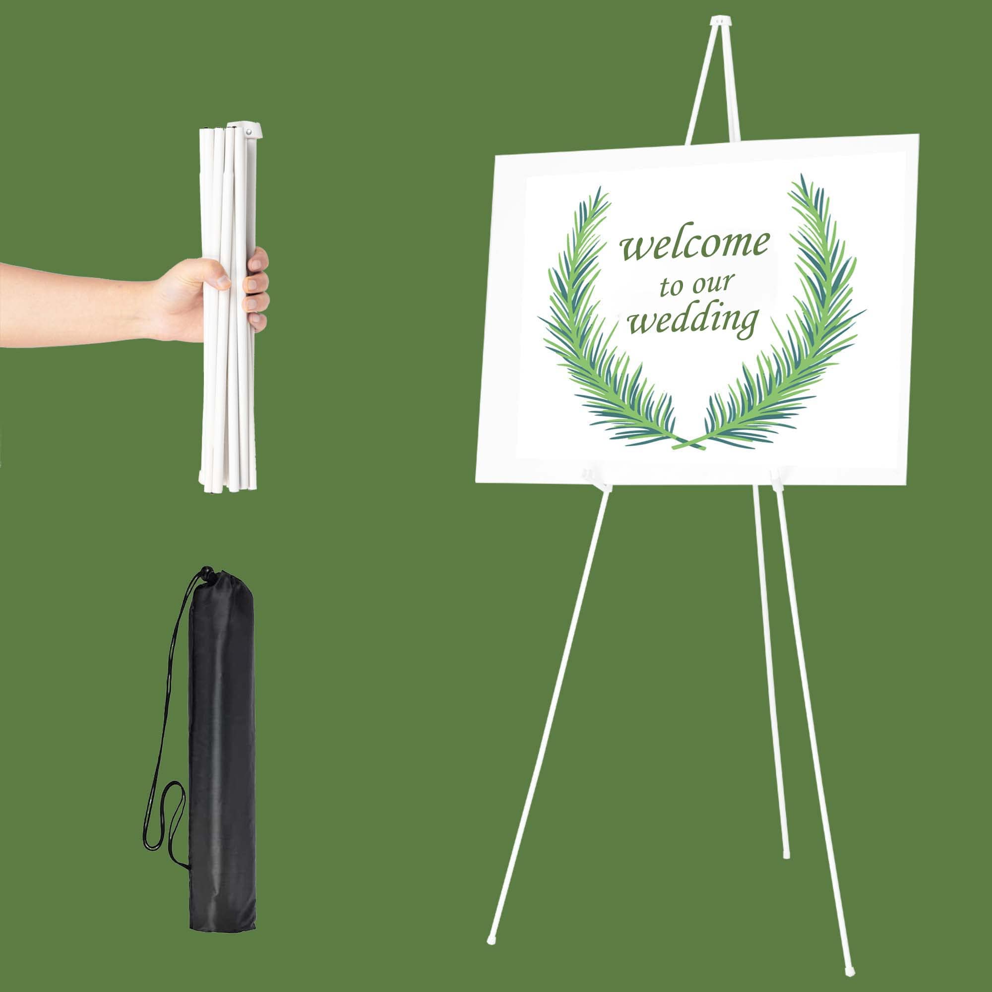 White Easel Stand for Display Wedding Sign & Poster - 63 Inches Tall Easels for Display Holder - Collapsable Portable Poster Easel - Floor Adjustable Metal Easel Tripod