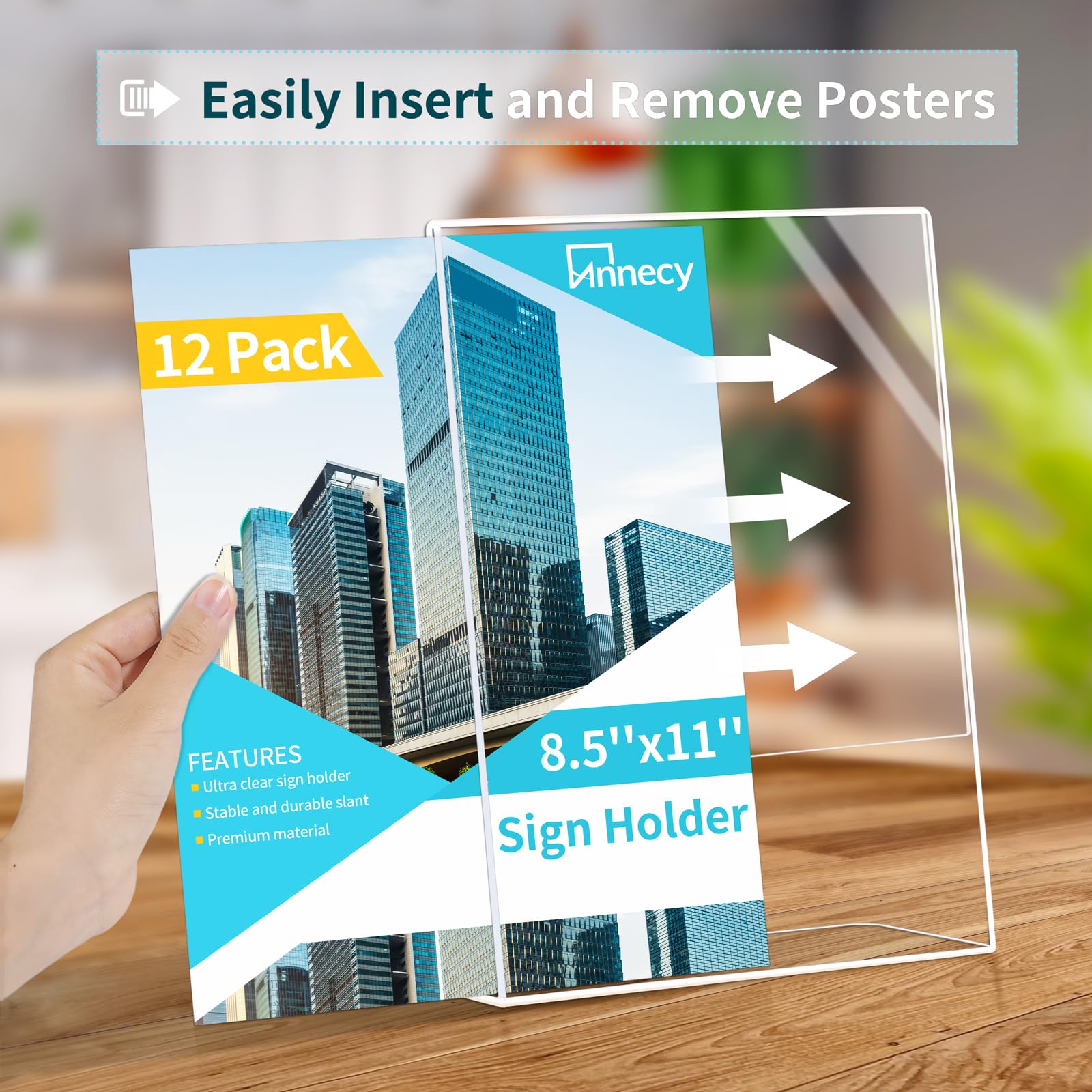 Annecy Sign Holder 8.5 x 11, 12 Packs Sign Stand for Display, L Shape Plastic Clear Sign Holder 8.5x11 Standing Vertical Menu Flyer Holder, Frames Table Signs for Stores, Restaurants, Hotels, Office