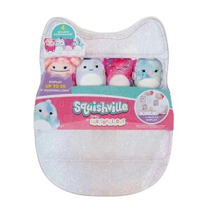 squishville by original squishmallows play and display storage - four 2-inch plush included - big foot, axolotl, parrot, chameleon - hang or stand display case - amazon exclusive