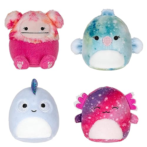 Squishville by Original Squishmallows Play and Display Storage - Four 2-Inch Plush Included - Big Foot, Axolotl, Parrot, Chameleon - Hang or Stand Display Case - Amazon Exclusive