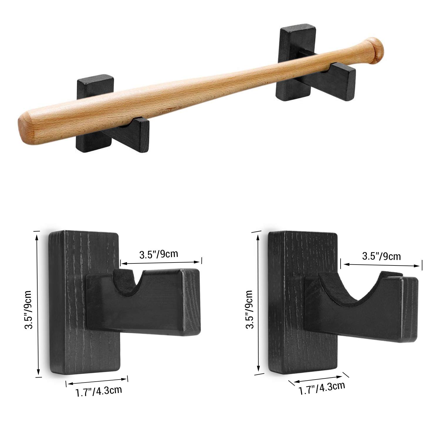 TOBWOLF 2PCS Baseball Bat Display Case, Baseball Bat Hanger Holder, Wall Mount Baseball Bat Horizontal Rack, Baseball Bat Bracket - Black