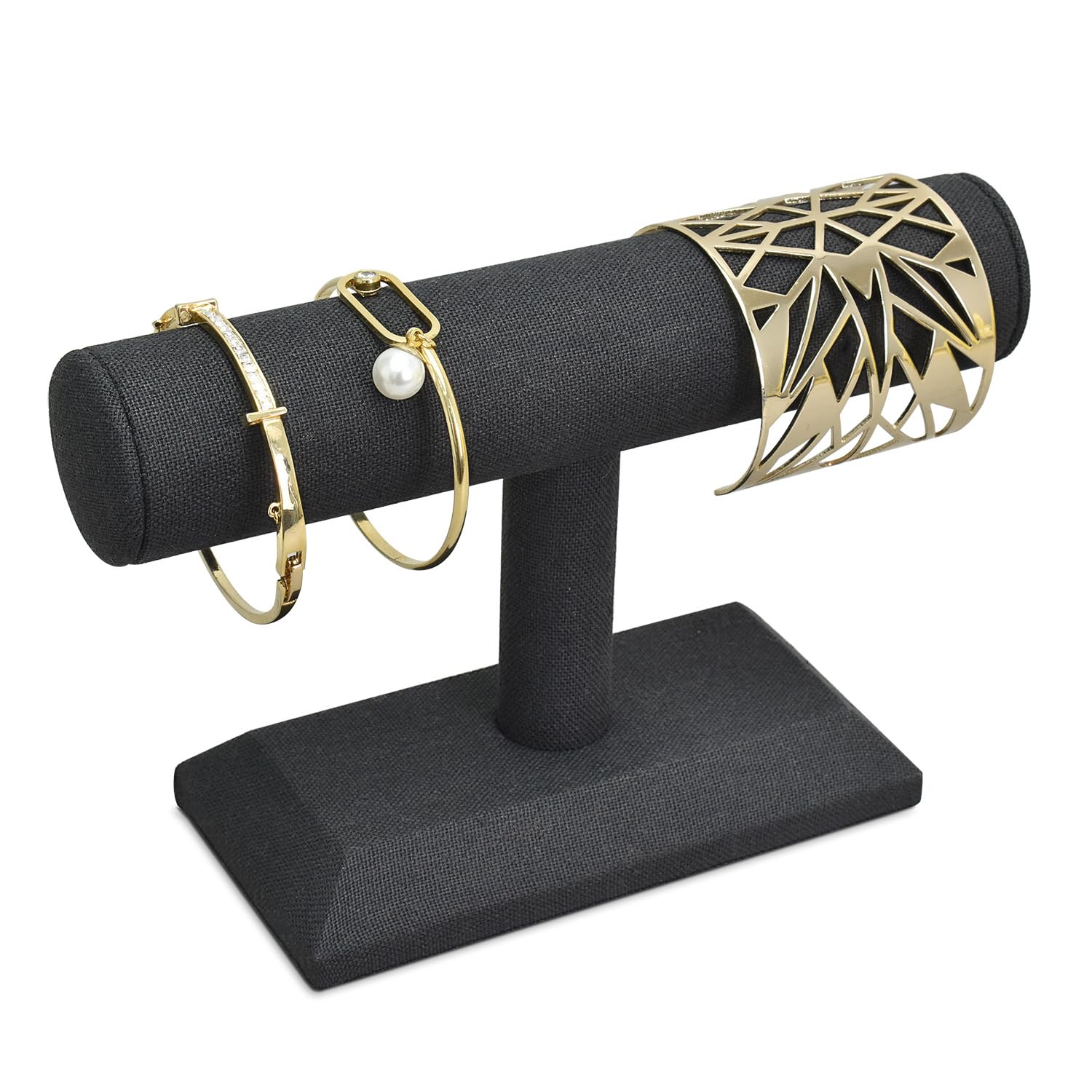 MOOCA Linen-Covered Wood Jewelry Display for Bracelets, Bangles, and Watches - Ideal for Home Organization, Stores, Tradeshows, and Showcases - 7 3/4 W x 2 3/4 D x 5 H in, Black Linen