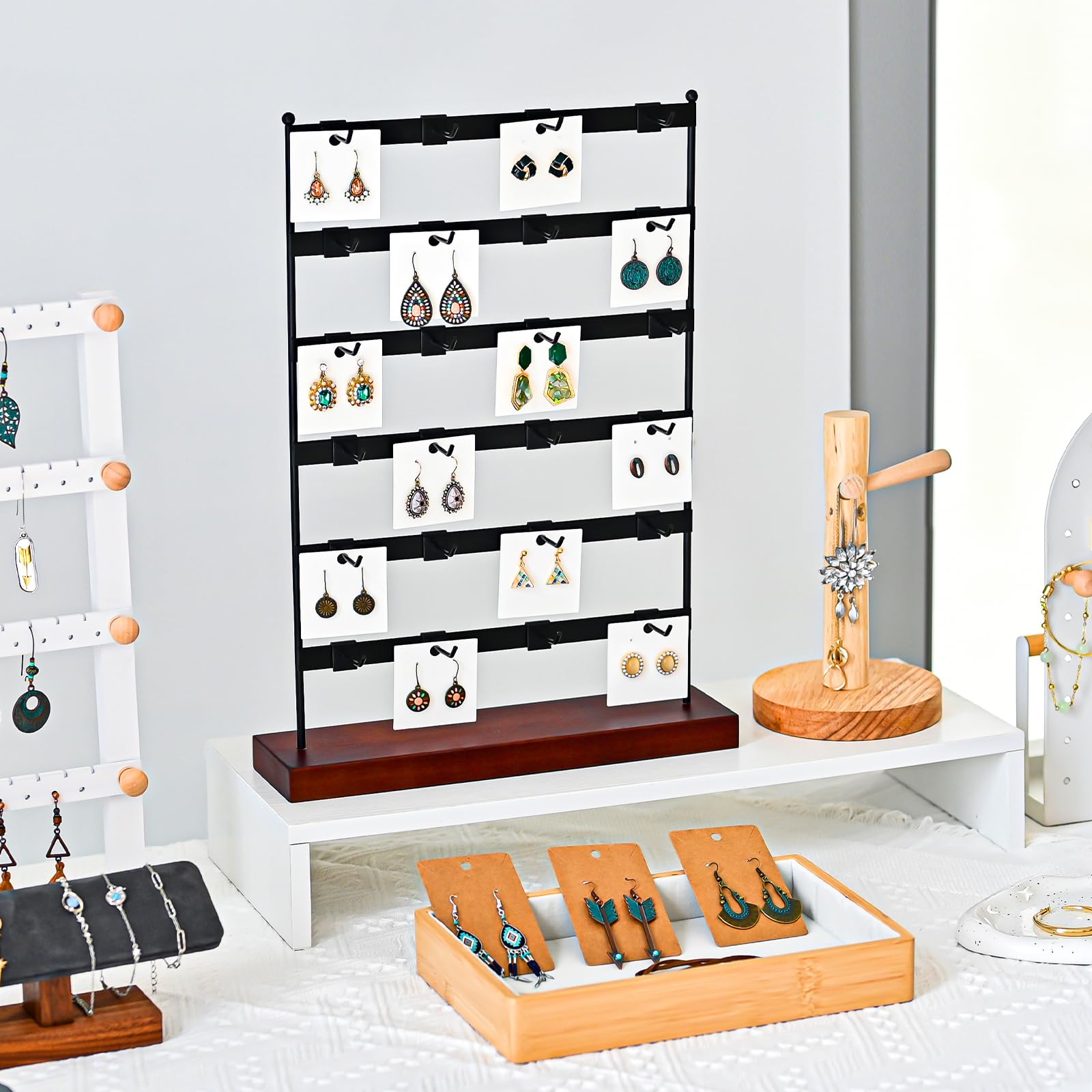 Lolalet Earring Display Stand for Selling, 6 Tier Earrings Display Rack with 24 Adjustable Hooks, Jewelry Display Stand for Vendors Earrings, Keychain Cards Retail Display -Black