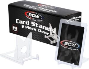 bcw 2-piece card display stands - 20 ct | showcase top loaders, magnetics, screwdowns |trading card display| card display stand | card stand | semi rigid card holder stand | clear plastic stand