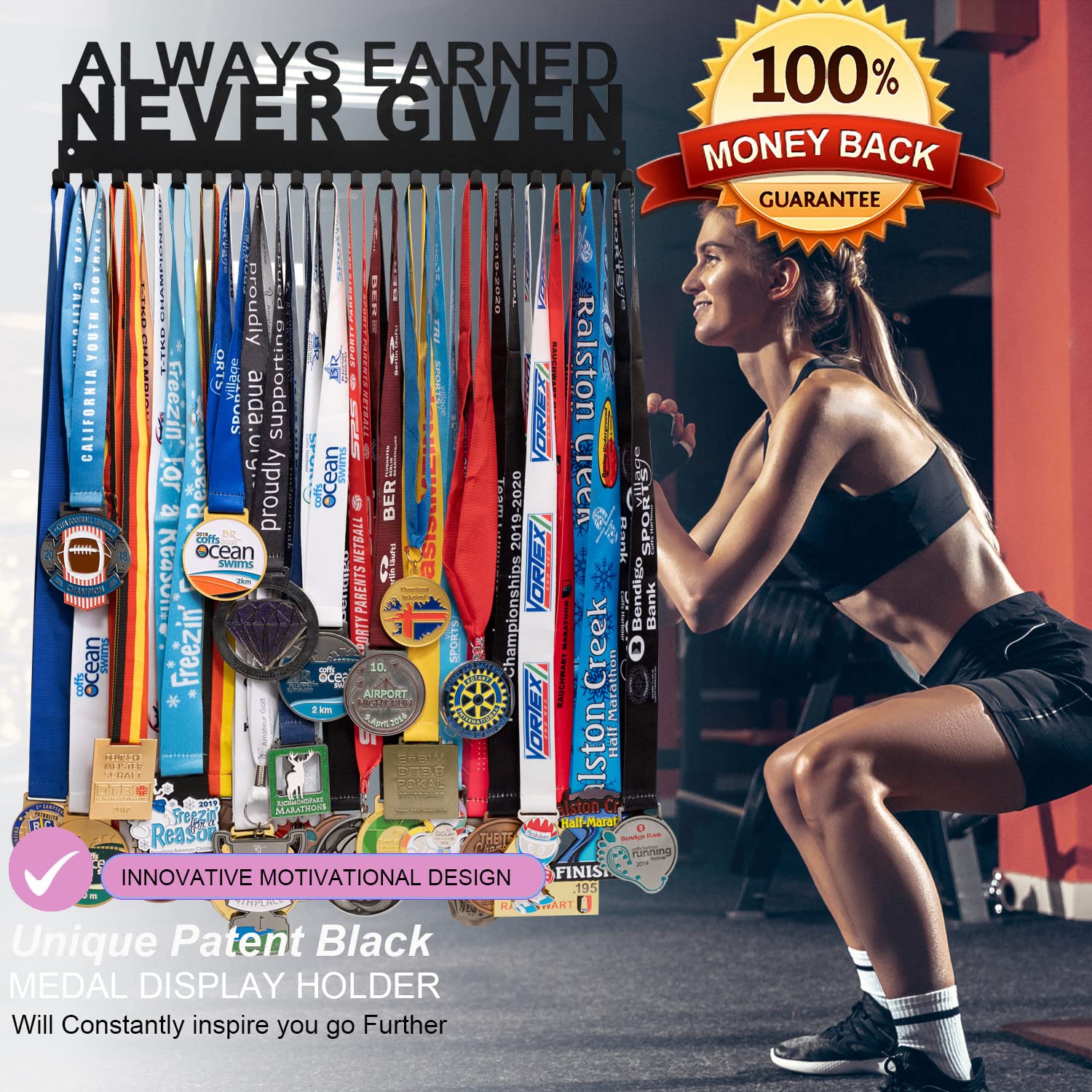 Lapetale Fashion Always Earned Never Given Medal Holder Hanger Display Rack Award Ribbon Organizer for Race,Running,Soccer,Gymnastic,Wrest