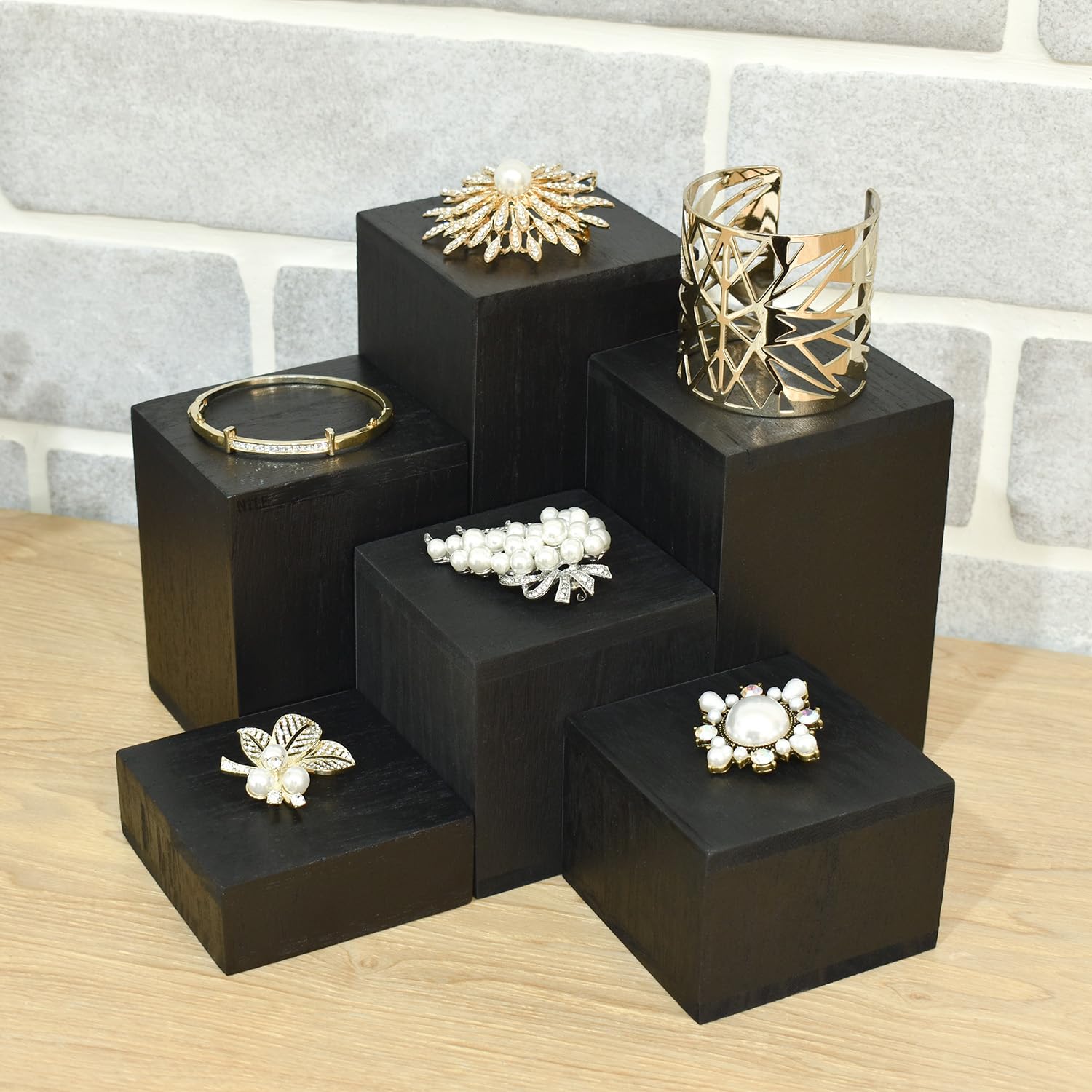 MOOCA Wooden 6 Pcs Square Risers for Display Jewelry and Accessories Display Stand Wooden Display Risers, Wood Jewelry Risers Wood Figurine Display Risers, Black Color