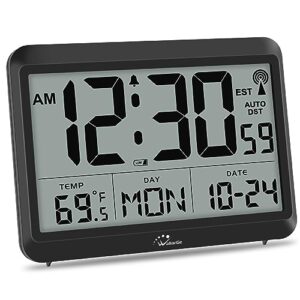 WallarGe Atomic Clock Battery Operated - Large Display Digital Alarm Clock with Seconds and Indoor Temeperature, 4 Time Zones, DST