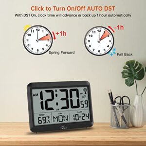 WallarGe Atomic Clock Battery Operated - Large Display Digital Alarm Clock with Seconds and Indoor Temeperature, 4 Time Zones, DST