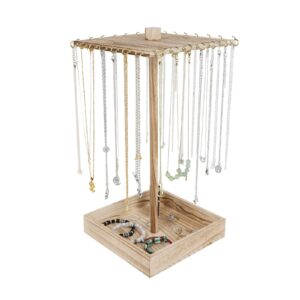 ucudi wooden rotating necklace holder jewelry organizer display stand for selling, jewelry display tower for necklace & bracelet for shows wit with 28 hooks
