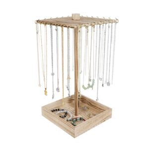 UCUDI Wooden Rotating Necklace Holder Jewelry Organizer Display Stand for Selling, Jewelry Display Tower for Necklace & Bracelet for Shows wit with 28 Hooks