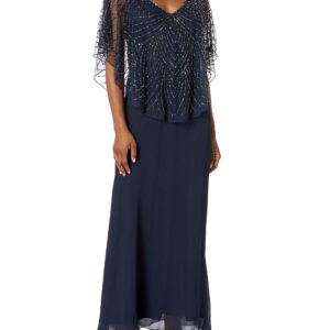 J Kara Women's Petite Pop Over Long Beaded Dress, Navy/Shaded/Mercury, 10P