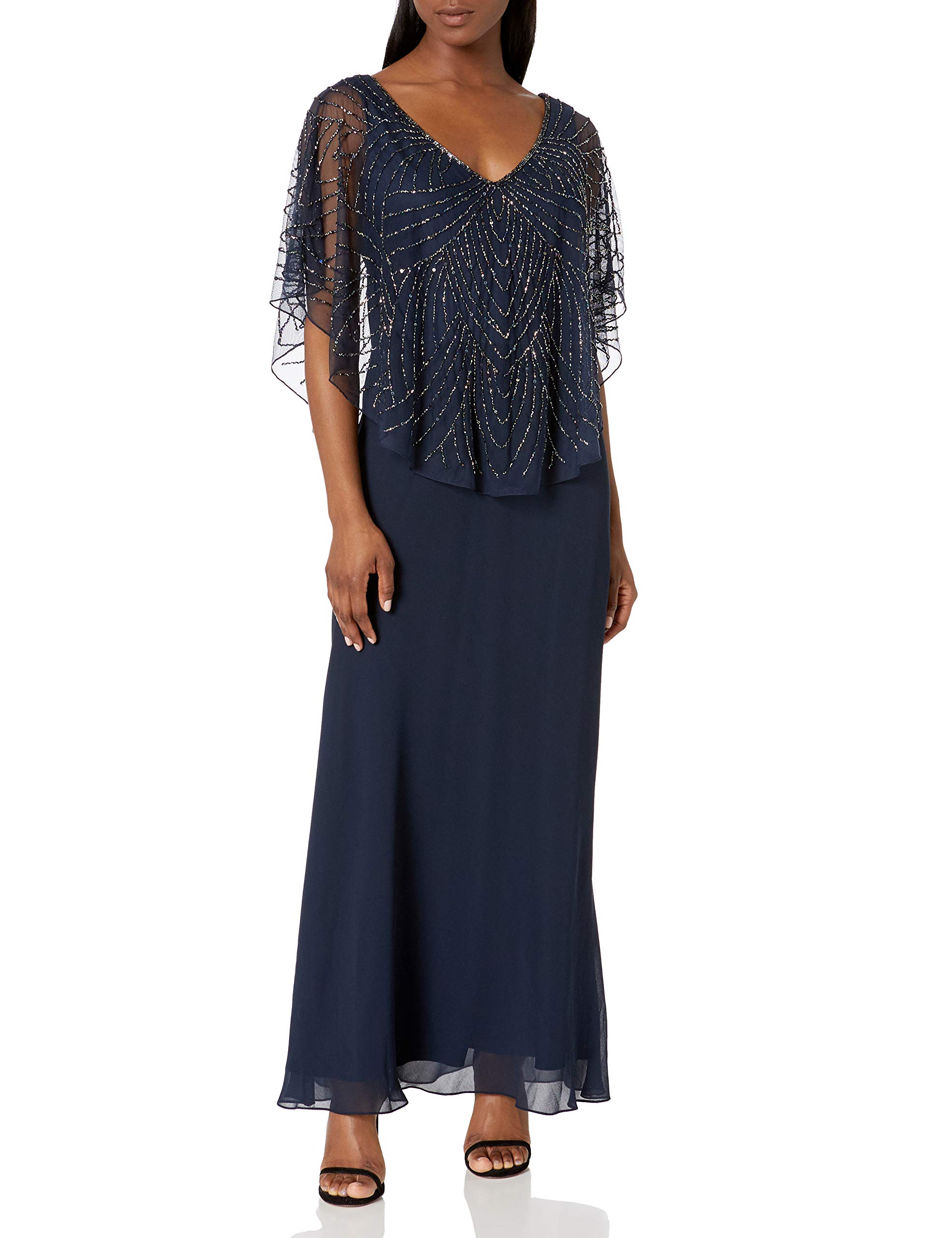 J Kara Women's Petite Pop Over Long Beaded Dress, Navy/Shaded/Mercury, 10P