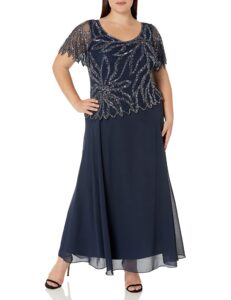 j kara women's plus size beaded short sleeve long gown, navy/mercury, 18w