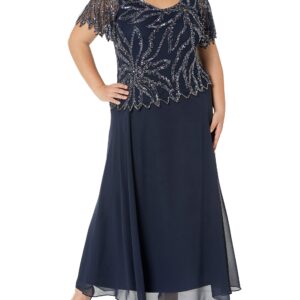 J Kara Women's Plus Size Beaded Short Sleeve Long Gown, Navy/Mercury, 18W