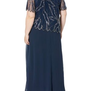 J Kara Women's Plus Size Beaded Short Sleeve Long Gown, Navy/Mercury, 18W