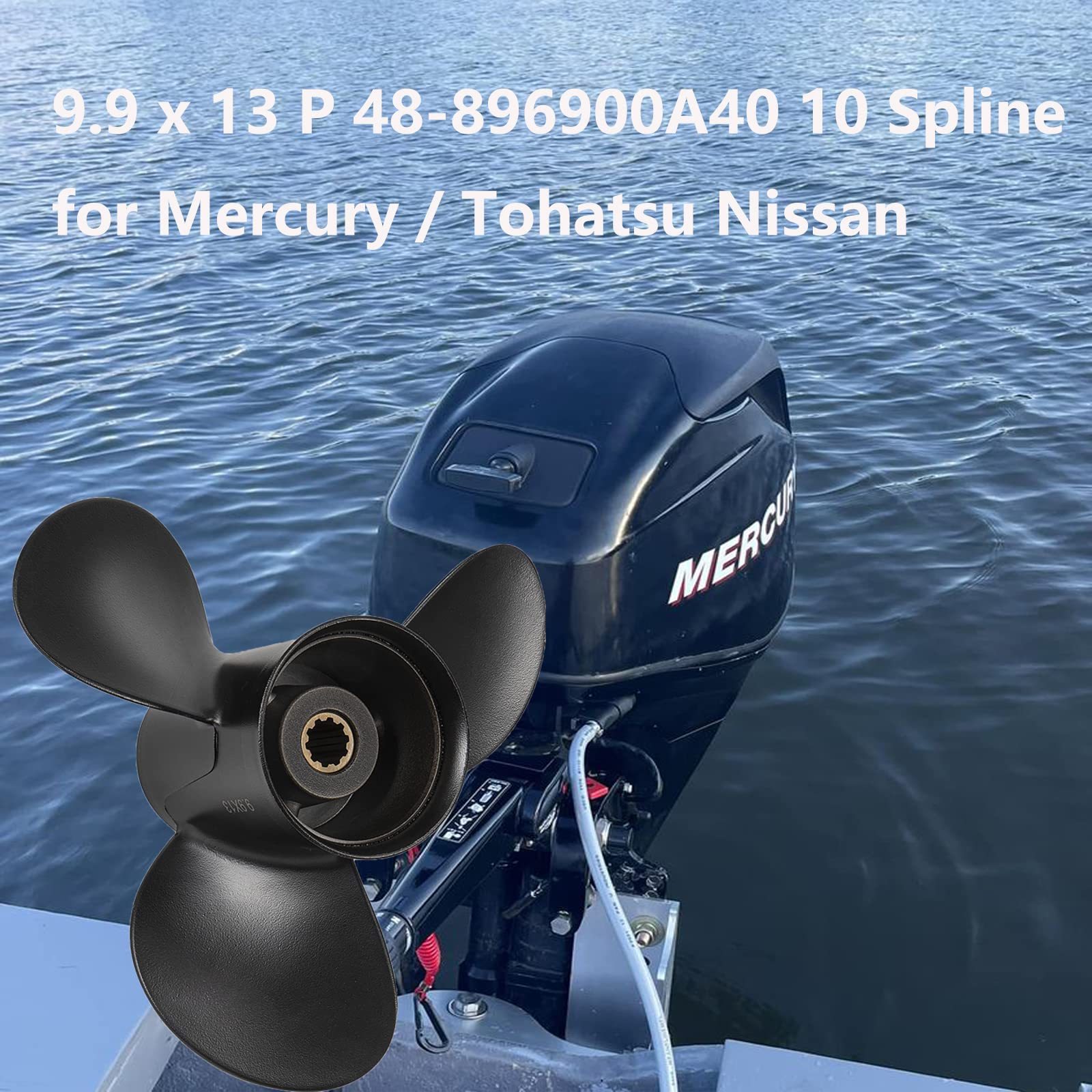 Qiclear 9.9 x 13 Pitch 48-896900A40 10 Spline Tooth Upgrade OEM Aluminum Boat Outboard Moto Propeller for Mercury Engines 25-30HP/ Tohatsu Nissan 3R0B645270 9 7/8x13 2-1/2" Gearcase,Rh