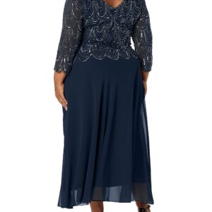 J Kara Women's Plus Size 3/4 Sleeve with Scallop Beaded Pop Over Gown, Navy/Mercury, 16W