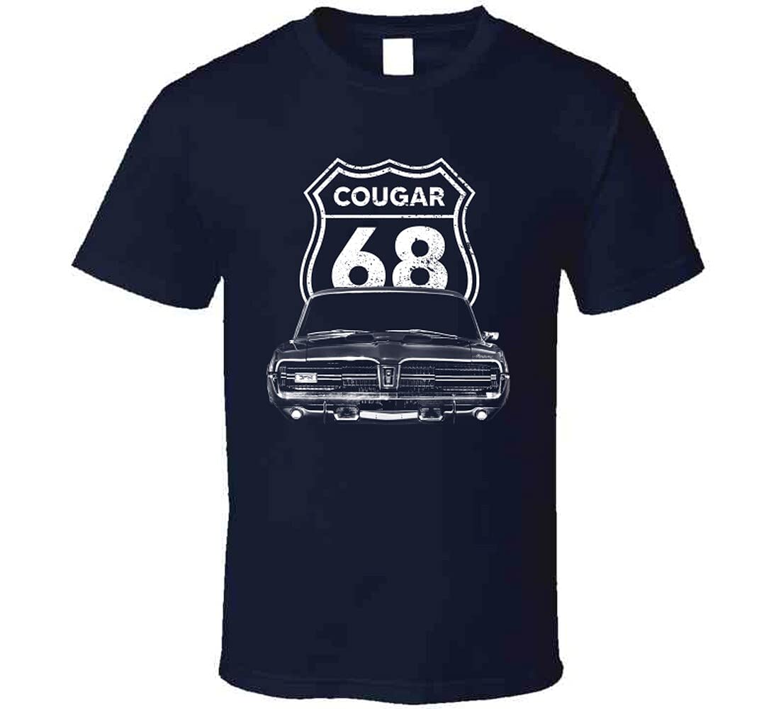 1968 Mercury Cougar Front Grill View with Model Year Sign T Shirt XL Navy