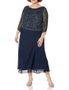 j kara women's plus size long beaded dress with cowl neck, navy/mercury, 20w