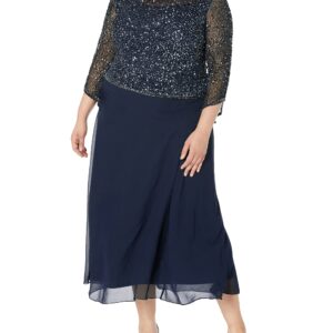 J Kara Women's Plus Size Long Beaded Dress with Cowl Neck, Navy/Mercury, 20W