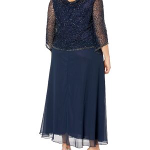 J Kara Women's Plus Size Long Beaded Dress with Cowl Neck, Navy/Mercury, 20W