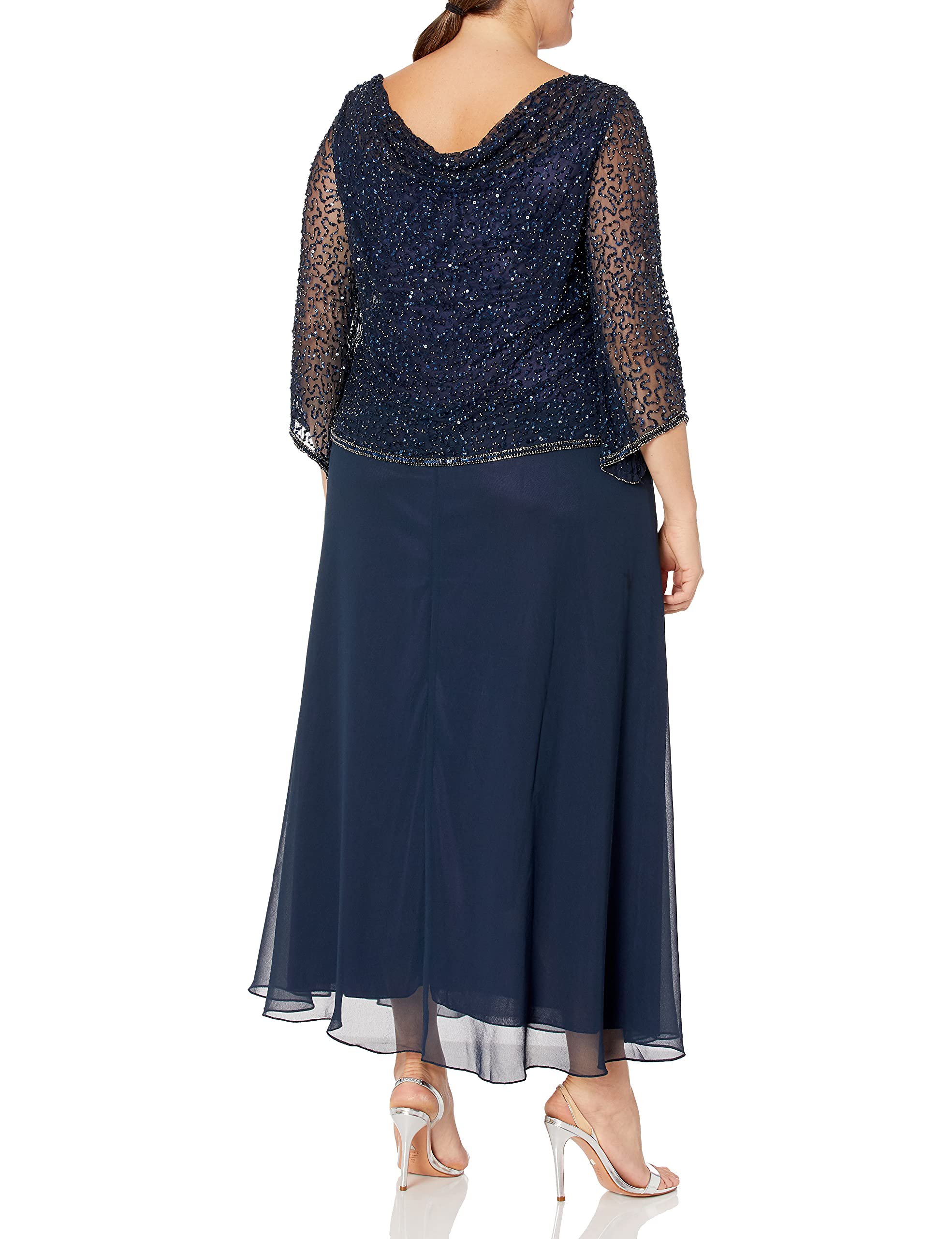 J Kara Women's Plus Size Long Beaded Dress with Cowl Neck, Navy/Mercury, 20W