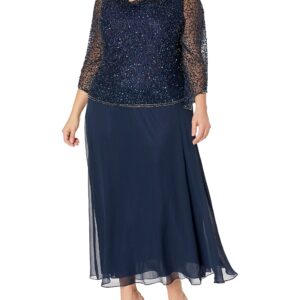 J Kara Women's Plus Size Long Beaded Dress with Cowl Neck, Navy/Mercury, 20W