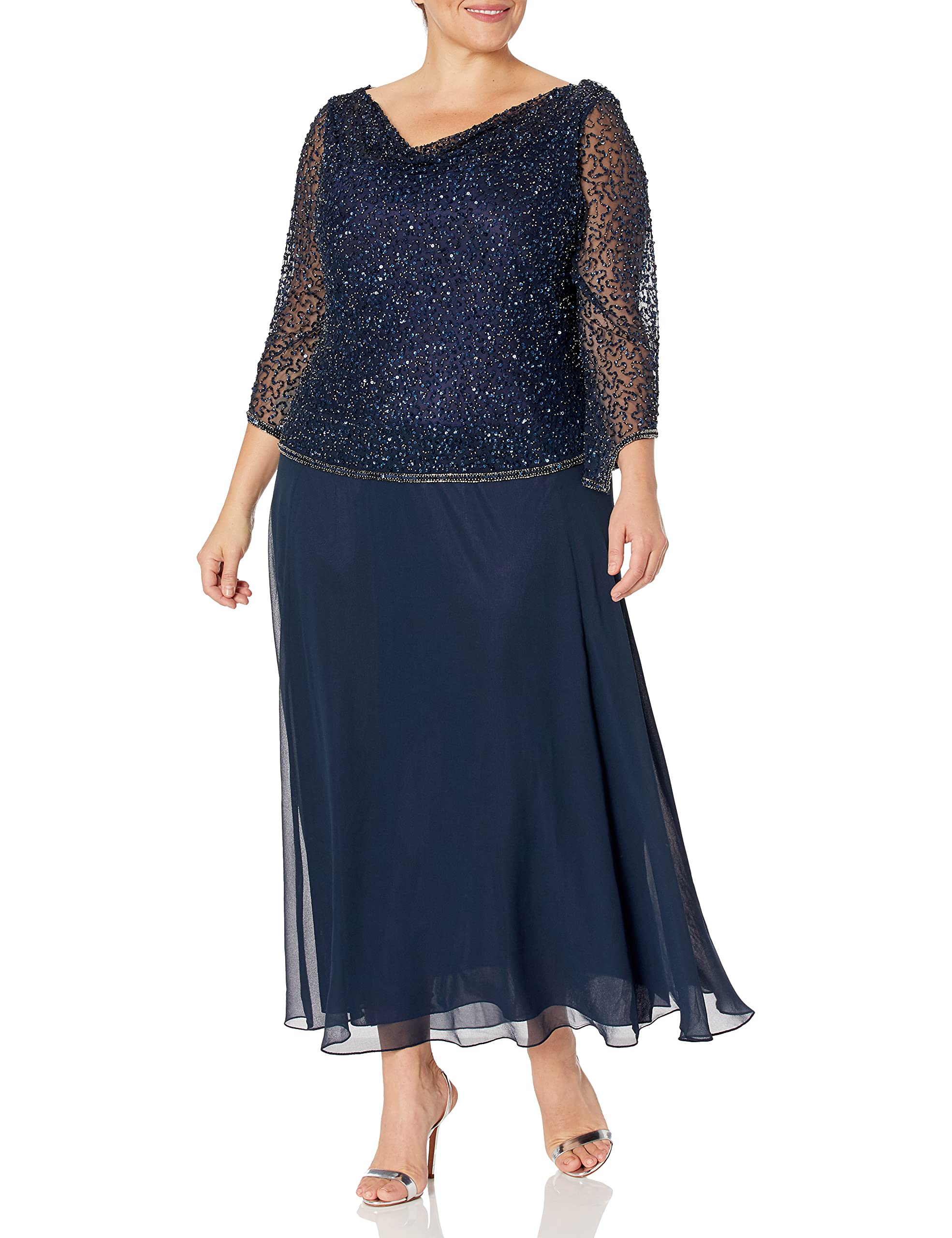 J Kara Women's Plus Size Long Beaded Dress with Cowl Neck, Navy/Mercury, 20W