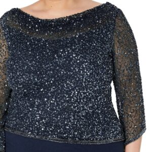 J Kara Women's Plus Size Long Beaded Dress with Cowl Neck, Navy/Mercury, 20W