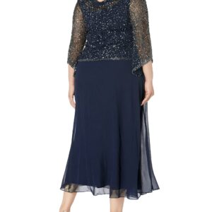 J Kara Women's Plus Size Long Beaded Dress with Cowl Neck, Navy/Mercury, 20W