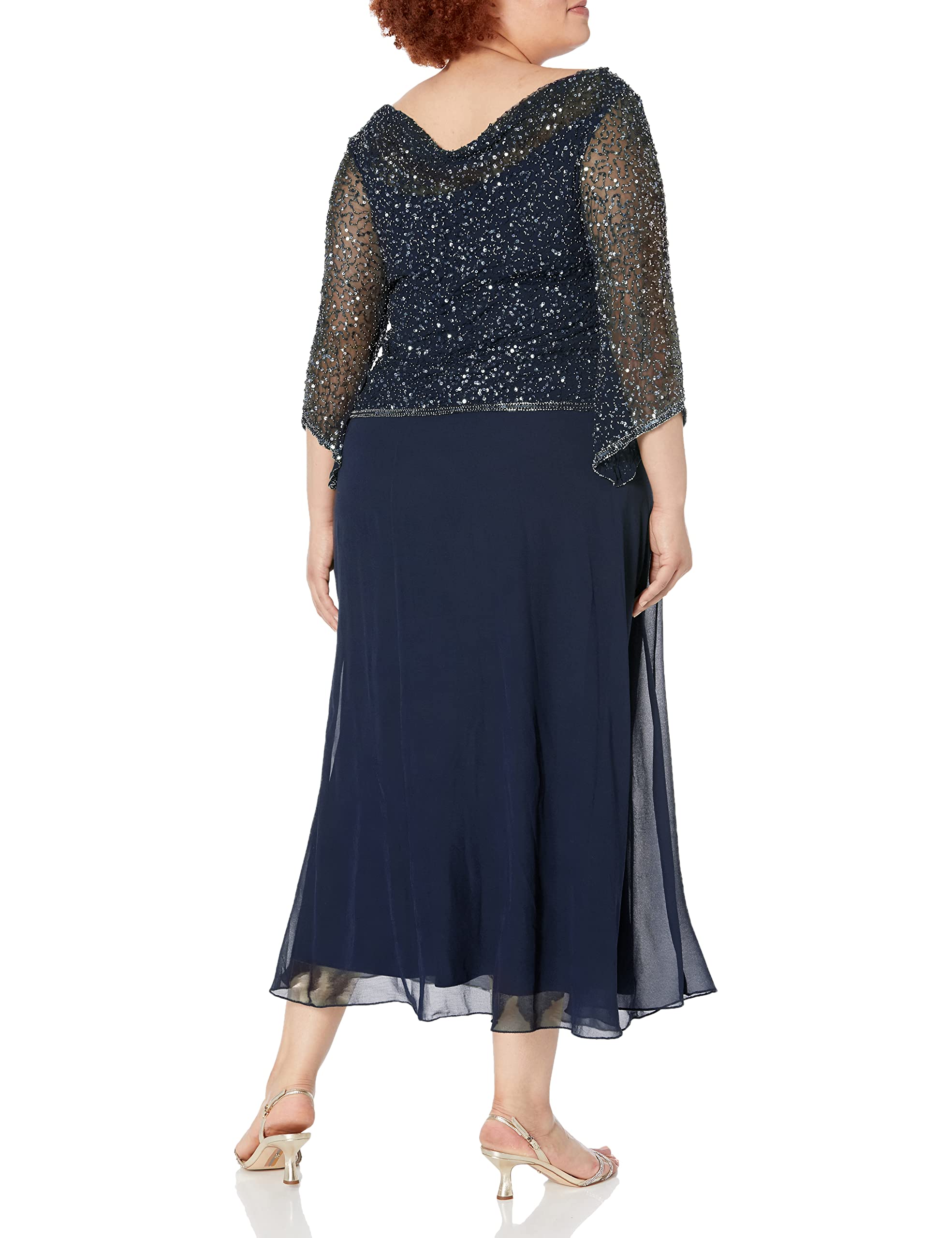 J Kara Women's Plus Size Long Beaded Dress with Cowl Neck, Navy/Mercury, 20W